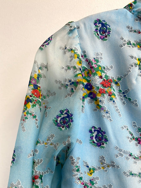 Vintage Nu-Mode Floral Print V-Neck Sheer Sleeve Maxi Empire Dress