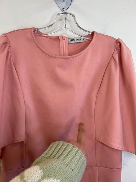 Grace Karin Blush Pink Crape Sleeve Dress (L)