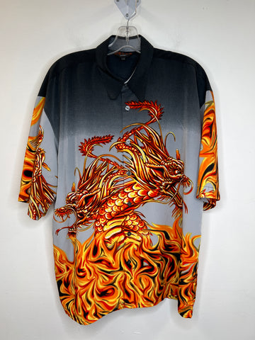 Vintage Mecca Sport Grey "Fire Dragon" Print Short-Sleeved Button-Up Shirt (L)