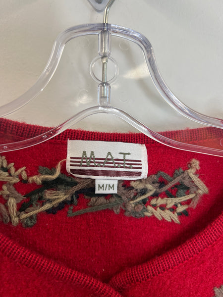 M.A.T Red Button-Up Embroidered Pure Wool Long-Sleeve Sweater (M)