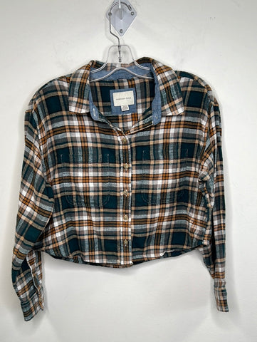 American Eagle Plaid Cropped Button Up Long Sleeve Shirt (S)