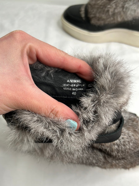 Ash Black Leather With Real Rabbit Fur Wedge (US 8.5)