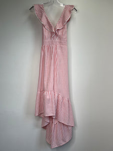 Molly Bracken Pink Stripe Ruffle Neckline High/Low Dress (S)