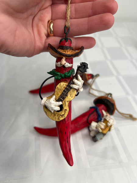 SET OF 3 Vintage Wooden Western Musical Red Chilli Pepper Christmas Ornaments