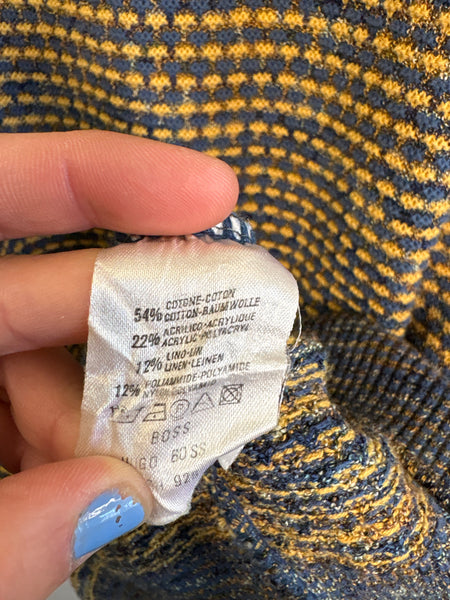Hugo Boss Blue & Yellow Cotton-Linen Blend Waffle-Knit Pullover Sweater