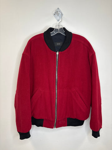 Vintage Hugo Boss Crimson Red Embroidered Cashmere-Wool Blend Bomber Jacket