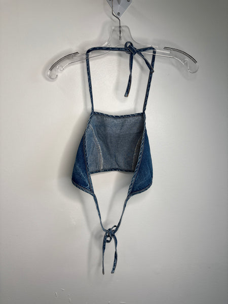 Halter Denim Cropped Tie-Back Top (5)