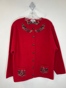 M.A.T Red Button-Up Embroidered Pure Wool Long-Sleeve Sweater (M)