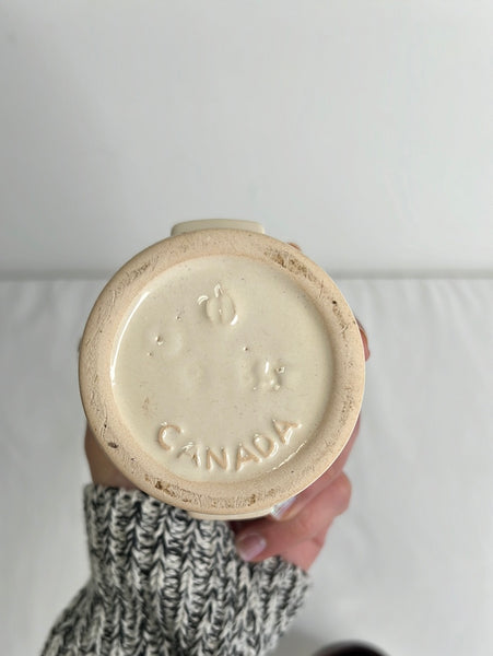Set Of Two Vintage Ye Olde Canadian Crock Prints Ceramic Winnipeg Red River Cart Manitoba Creamer+Sugar Set