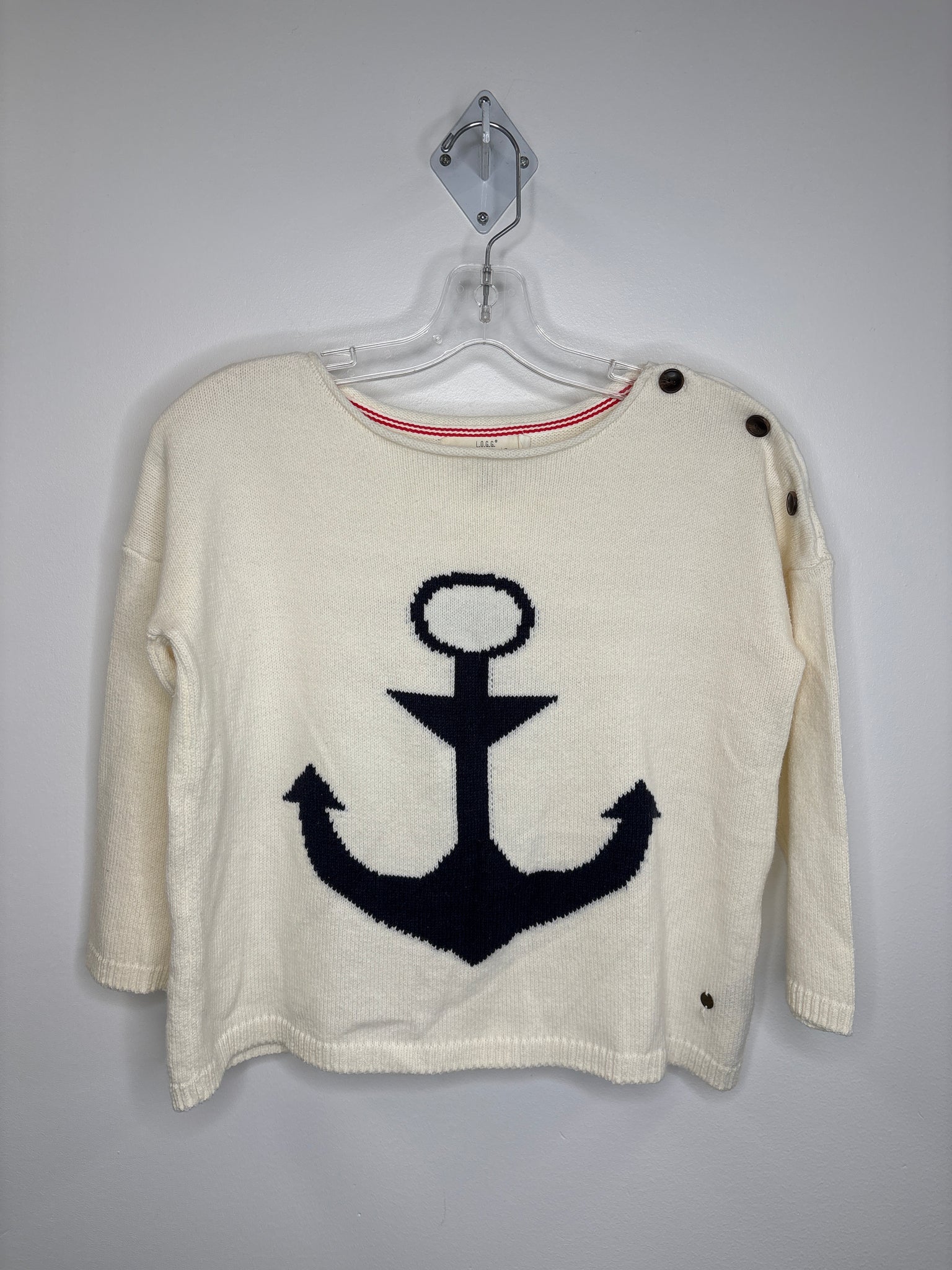 L.O.G.G Blue & White Anchor Graphic Cotton-Blend Cropped Quarter-Sleeve Knit Sweater (XS)