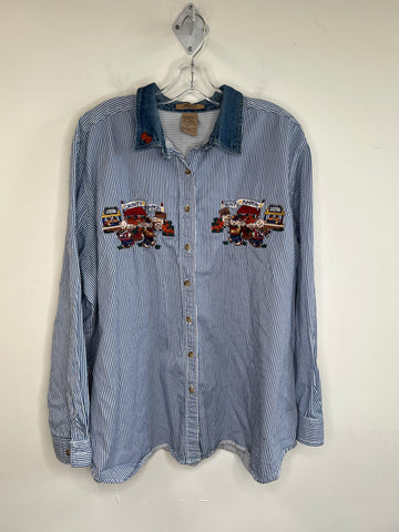 Vintage Just My Size Denim "Country Pumpkin" Embroidered Long-Sleeve Striped Button-Up (26w/28w)