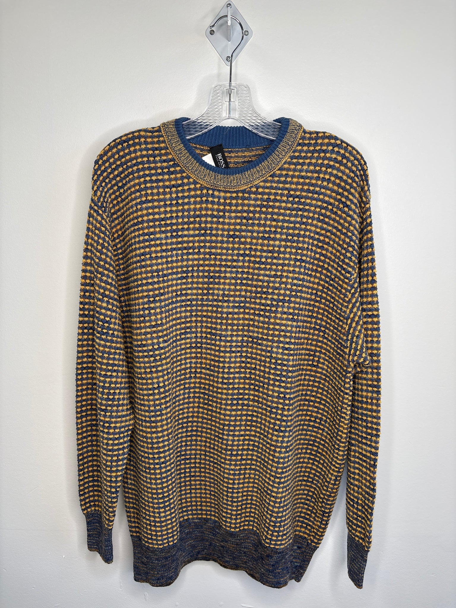 Hugo Boss Blue & Yellow Cotton-Linen Blend Waffle-Knit Pullover Sweater