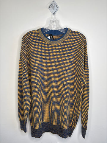 Hugo Boss Blue & Yellow Cotton-Linen Blend Waffle-Knit Pullover Sweater