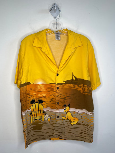 Walt Disney World Yellow "Mickey And Pluto At the Beach" Graphic Short-Sleeved Button-Up Shirt (S)