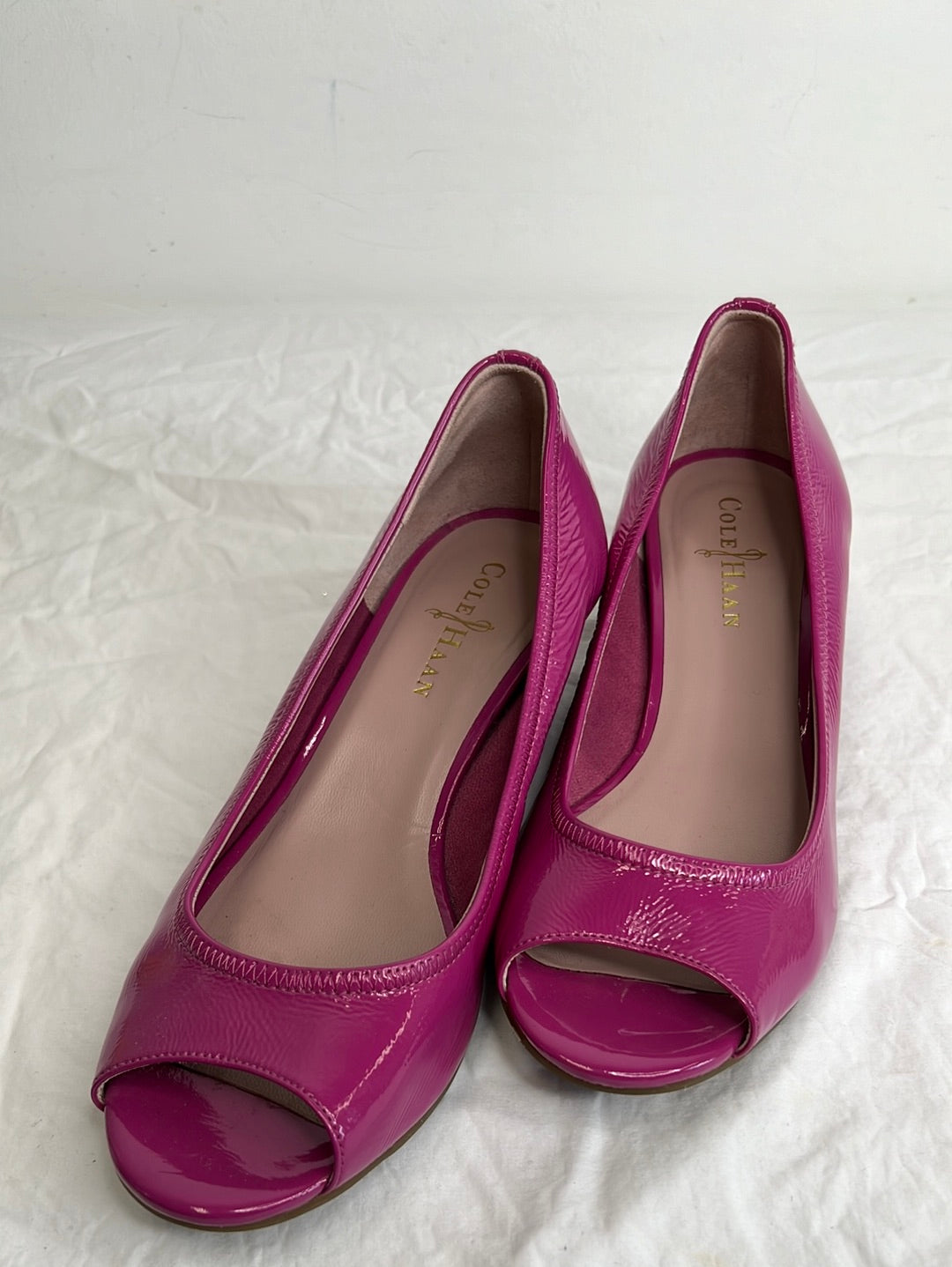 Cole Haan Nike Air Pink Leather Cork Wedge Peep Toe Heels Sandals L11 LoveToThrift