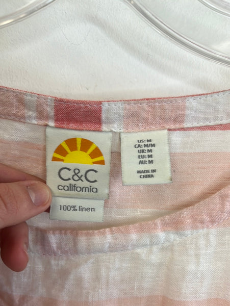 C&C California Striped Pink Short Sleeve Linen Lightweight Blouse (M)