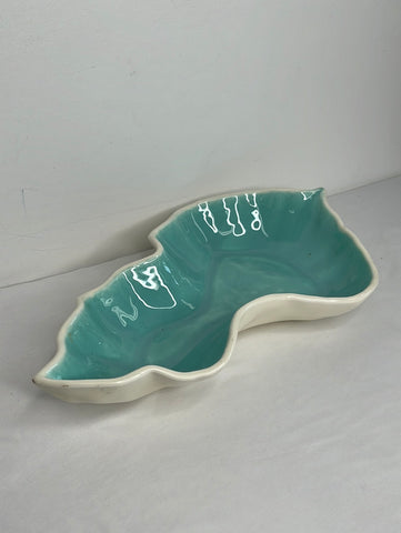 Glazed Turquoise Pottery Leaf Dish