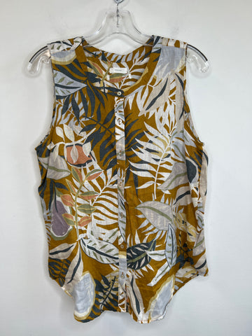 Yellow Palm Leaf Print Linen Sleeveless Button-Up Shirt (L)