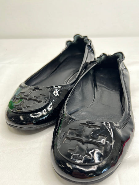Tory Burch Reva Black Patent Leather  Ballet Flats Shoes (9MM)