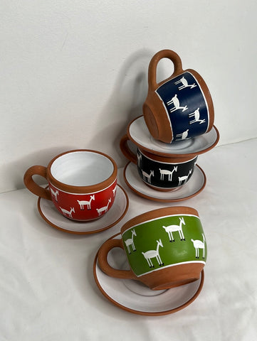 Set Of 4 Clay/Ceramic Cups And Saucers With Animal Print Design