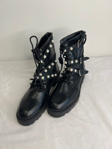 Zara Basic Collection Faux Pearl Studded Black Lace Up Combat Boots (US 8)