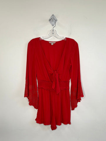 American Eagle Boho Embroidered Tie Front Bell Sleeve Romper (XS)
