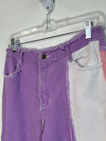 High-Waist Patchwork Frayed Mom Jeans