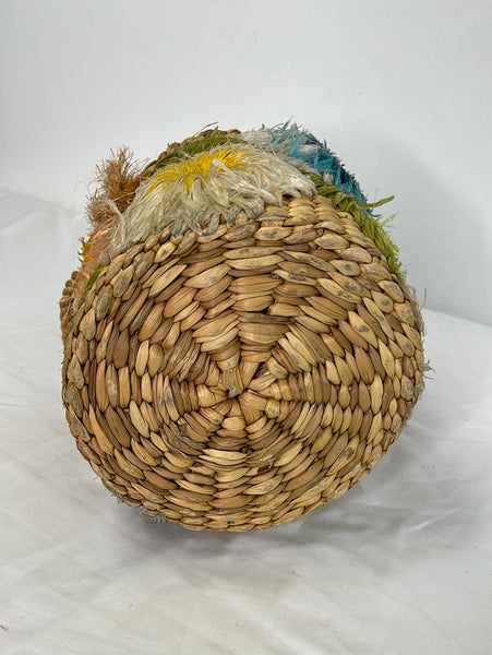 Floral Embroidered Woven Straw Basket