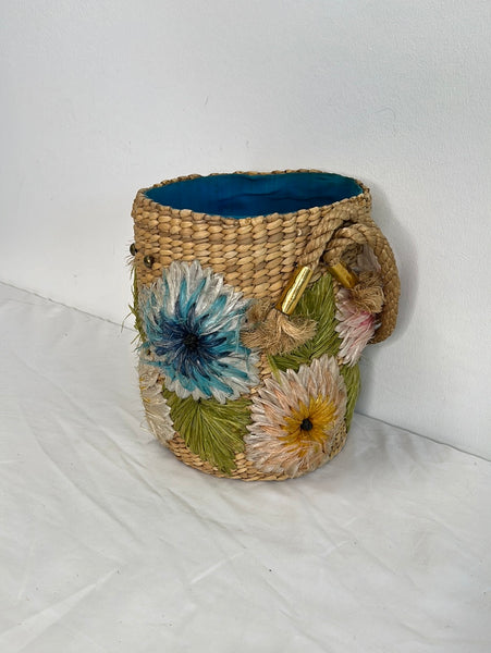 Floral Embroidered Woven Straw Basket