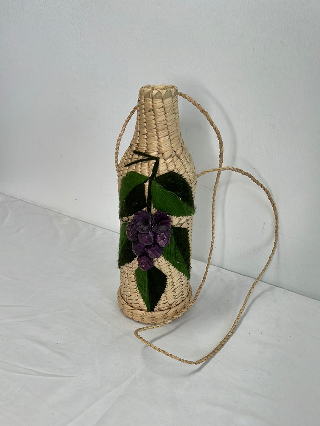 Floral Embroidered Wicker Straw Bottle Gift Basket