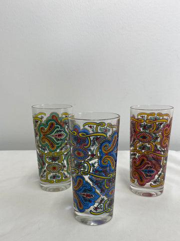 Set Of 3 Tall Thin Painted Glass Stain Drinking Glass